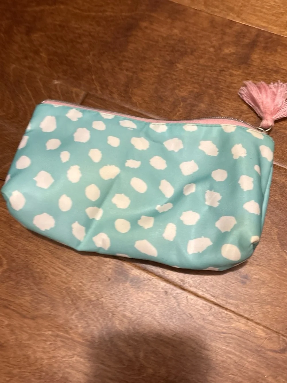 Aqua Polka Dot Cosmetic Pouch with Pink Tassel